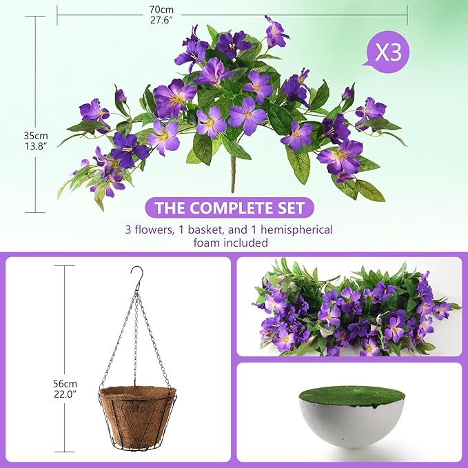 Homsunny Artficial Fake Hanging Flowers Plants with Baskets, 3PCS Silk Faux Outdoor Flowers UV Resistant Real Touch Plastic Flowers for Spring Garden and Home Patio Yard Decor (Double Purple)