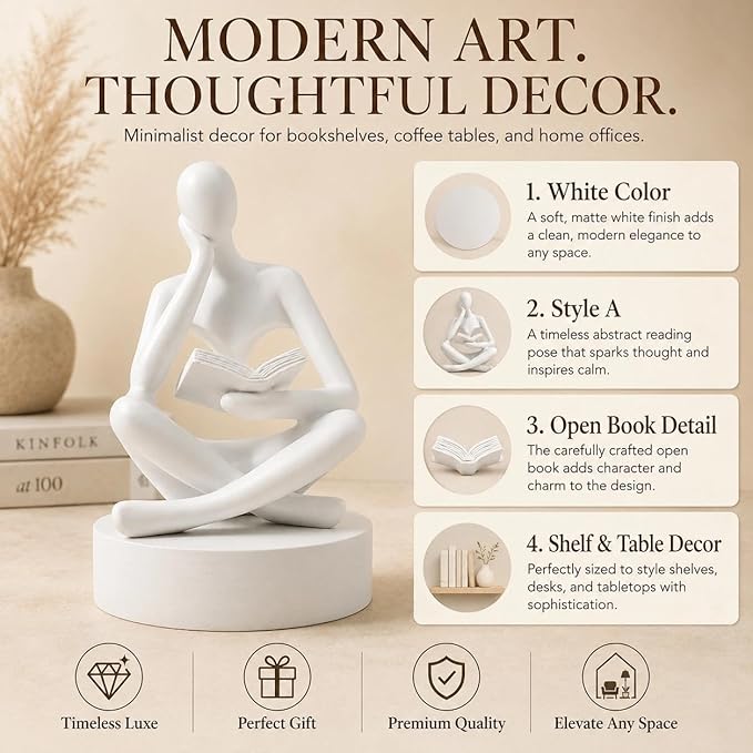 White Bookshelf Decor Thinker Statue, Abstract Reading Figurine Style A, Resin Decorative Bookend for Coffee Table, Shelf, Home Office, Library