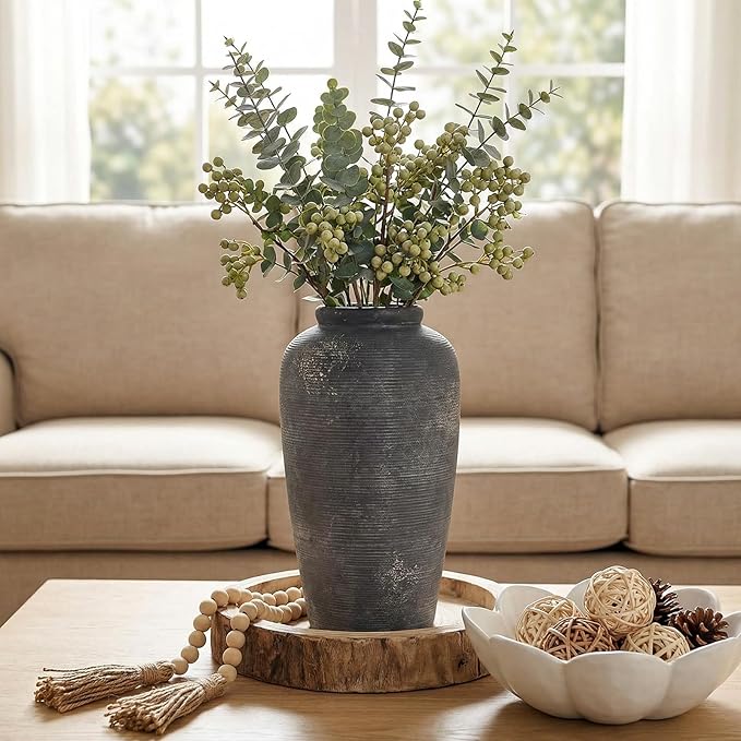 Rustic Distressed Ceramic Threaded Vase, 11"H Handmade Wabi Sabi Decor Vase (Deep Charcoal with Light Gray Weathering and Wheat Beige Patches) for Living Room Table Centerpieces, Entryway & Fireplace