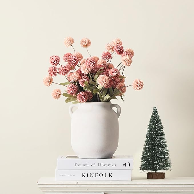 Ceramic Flower Vase Home Decor - 7.6 Inch Farmhouse Rustic White Table Vases with Handle Living Room Decoration Decorative Vintage Pottery for Kitchen Shelf Coffee Dining Desk Bookshelf Fireplace
