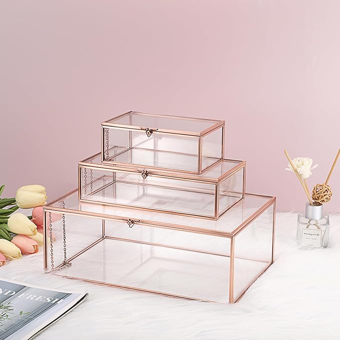 Hipiwe Vintage Glass Keepsake Box Rectangle Jewelry Display Organizer Lidded Box Home Decor Glass Decorative Box for Trinket Rings Earrings Bracelet, Rose Gold, Small