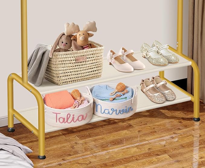 Kids Gold Clothing Rack - Dress Up Clothes Rack - Baby Toddler Closet - Freestanding Coat Racks with 2 Fabric Shelves - Small Kids Costume Wardrobe - Garment Rack for Hanging Clothes Organizer