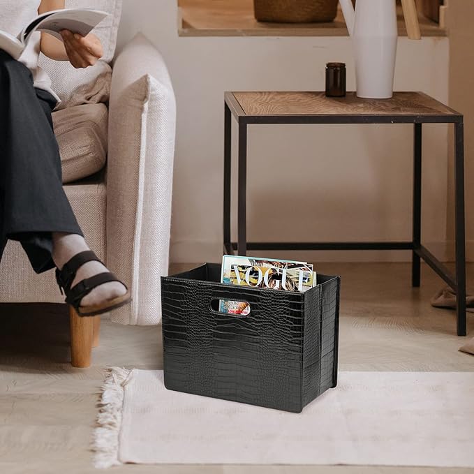 HofferRuffer Magazine Basket Holder, Foldable Magazine Rack, Document File Holder Organizer, File Folder, Newspaper Storage Bin Organizer for Home or Office (Black Croco)