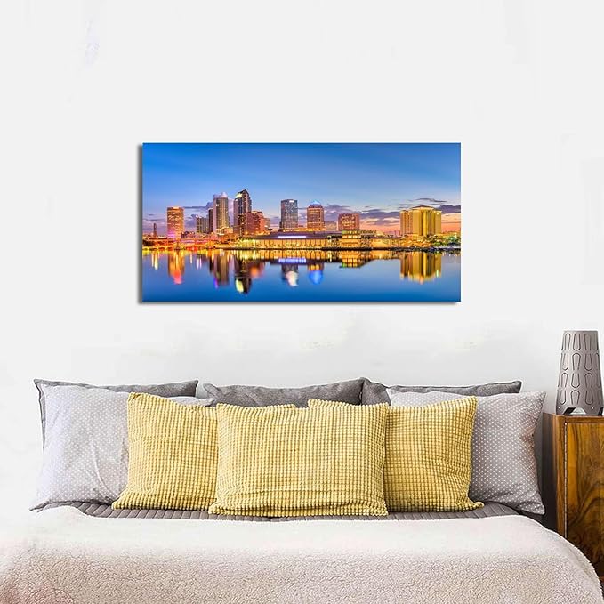 AIYISU Florida Skyline Wall Art USA City Poster Tampa Cityscape Picture Modern Office Wall Decor Blue Night Skyscraper Downtown River Reflection Painting Artwork for Living Room Decoration 20x40”