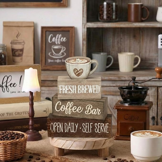 Moucuny 4 Pcs Farmhouse Coffee Bar Signs Decor Wooden Cup Rise & Shine It's Coffee Time Rustic Wood Cafe Sign Gift for Home Kitchen Tabletop Decor