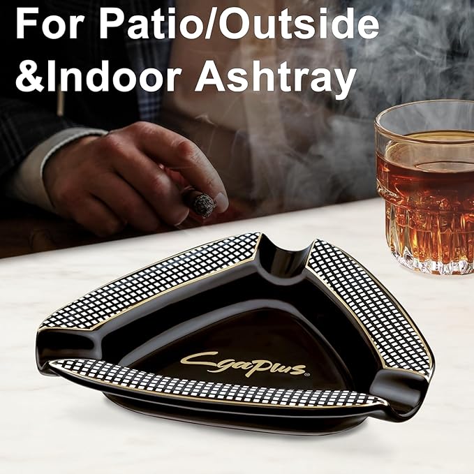 Cigar Ashtray Triangle- Large Rest Outdoor Cigars Ash tray for Patio/Outside/Indoor Ashtray (Black)