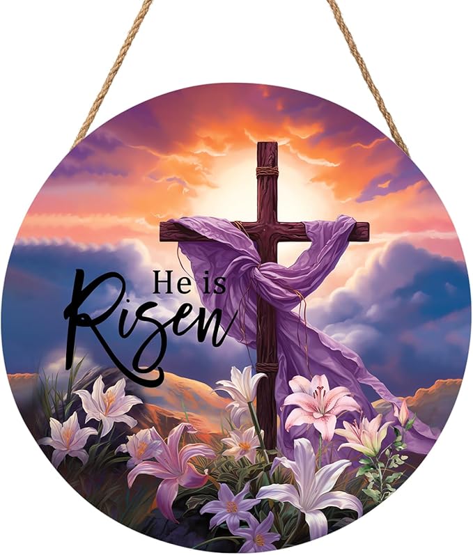 Harooni He is Risen Easter Wreaths for Front Door Decor He is Risen Sign Religious Floral Cross Door Wreath He Has Risen Easter Wooden Decorations 12in Spring Easter Door Hanger for Home Wall Proch