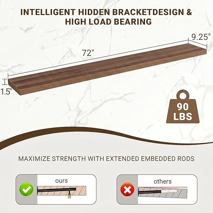 Acovy 72 Inch Floating Shelves, 3D Textured Wood Grain, 72"x9.25"x1.5" Inch Deep Floating Shelves for Wall, Wooden Shelves for Bathroom, Bedroom, Living Room, Walnut, 1 Piece