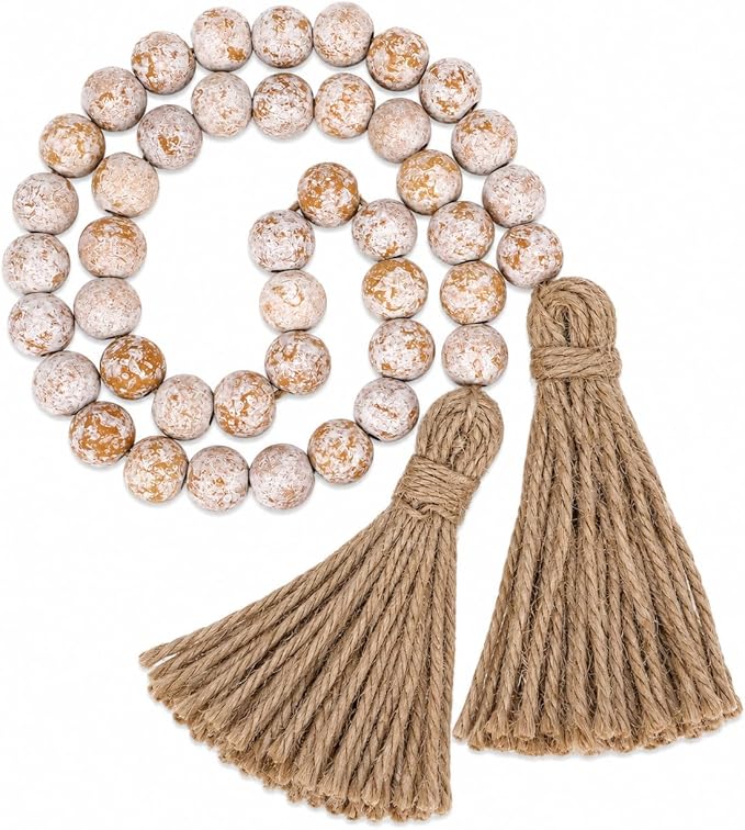 IMIKEYA Wooden Beads Garland: Farmhouse Wood Bead Garland with Tassels Boho Wall Hanging for Home Decor Tiered Tray Rustic Wood Prayer for Coffee Table Decor