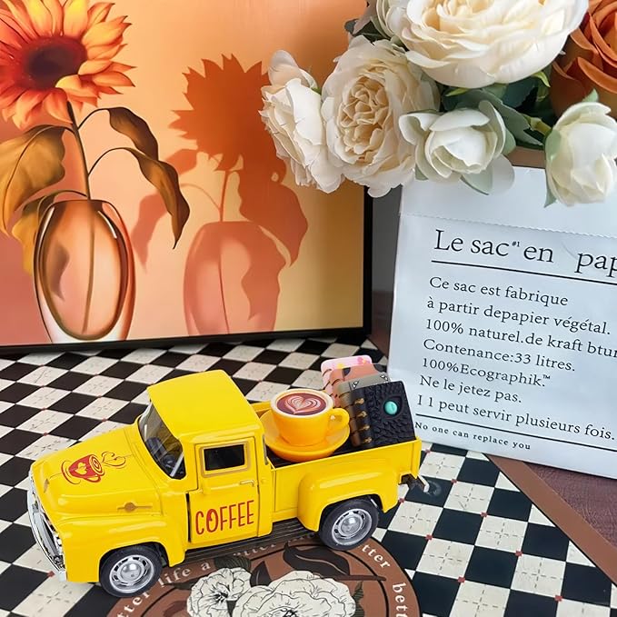 Vintage Mini Metal Pickup Truck with The Coffee Decor and The 4 Books,for Home Farmhouse Kitchen Decor & Coffee Decorations (Coffee-Yellow)