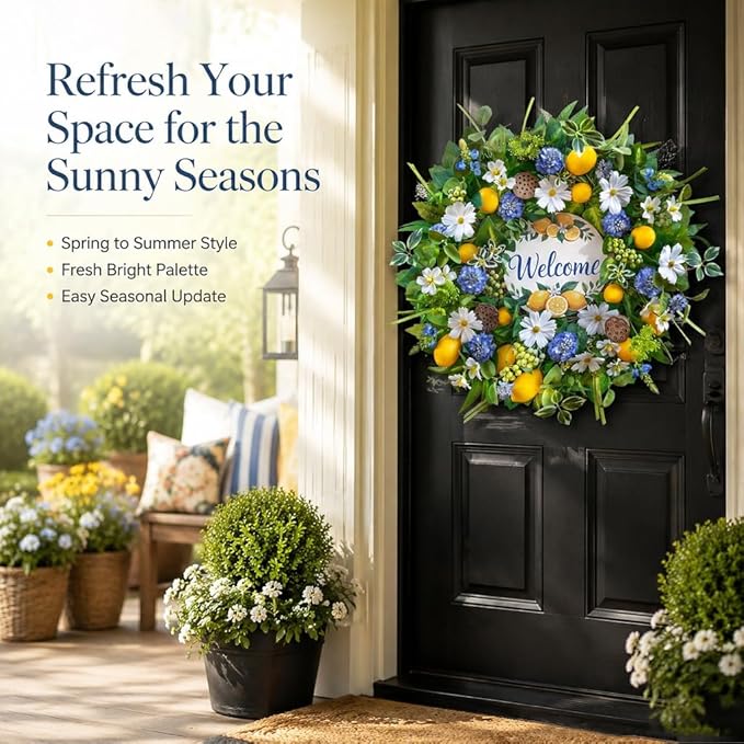 Spring Summer Wreaths for Front Door 24 Inch,Summer Wreath with Artificial Lemon,Daisy,Hydrangea & Lotus Pods,Door Wreath for Indoor Outdoor Farmhouse Home Decor
