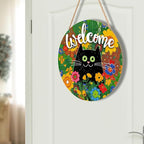 Welcome Spring Summer Black Cat Sign for Front Door Decor Spring Flowers Door Hanger for Outdoor Outside Porch Seasonal Summer Farmhouse Wooden Wreath Colorful Wall Hanging Decoration 12"x12"
