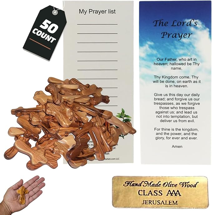 Holy Land Market Pocket Crosses - 50, 2.5 Inch Handmade Jerusalem Crucifix with Certificates & Lord Prayer Card - Holy Land Olive Wood Cross (50 Olive Wood Crosses from the Holy Land)
