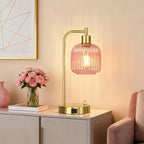 QiMH Industrial Table Lamp for Bedroom Set of 2, Pink Glass Beside Lamp with USB A&C Ports, Stepless Dimmable Gold Lamps, Nightstand Lamps for Living Room, Office, Home Decor(Bulb Included)
