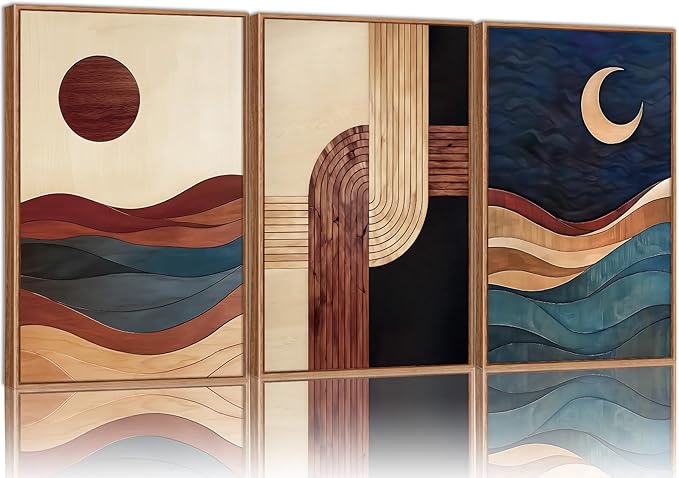 SIGNINART Boho Mid Century Modern Framed Canvas Wall Art, Bohemian Geometric Wall Decor, Abstract Sun and Moon Artwork,Beige and Black Wooden Art Paintings for Living Room Bedroom Office 24"x36"x3