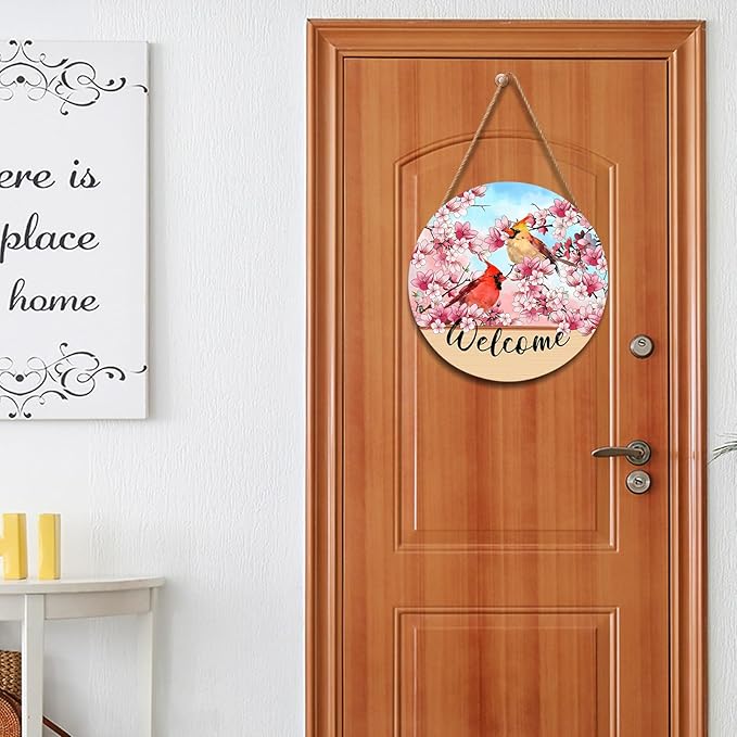 Welcome Spring Summer Cardinal Birds Front Door Sign 12"x12" Pink Blossoming Flower Floral Wood Door Hanger for Outdoor Outside Porch Decor Farmhouse Seasonal Wreaths for Front Door Wall Hanging Sign