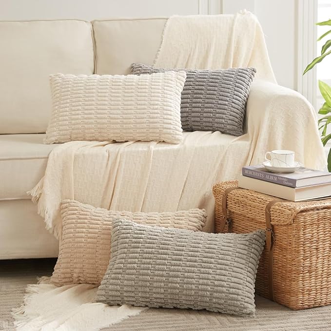 Fancy Homi 4 Packs Decorative Throw Pillow Covers for Living Room Couch Bed, Modern Farmhouse Boho Home Décor Accent Cushion Case, 20" x 12", Neutral