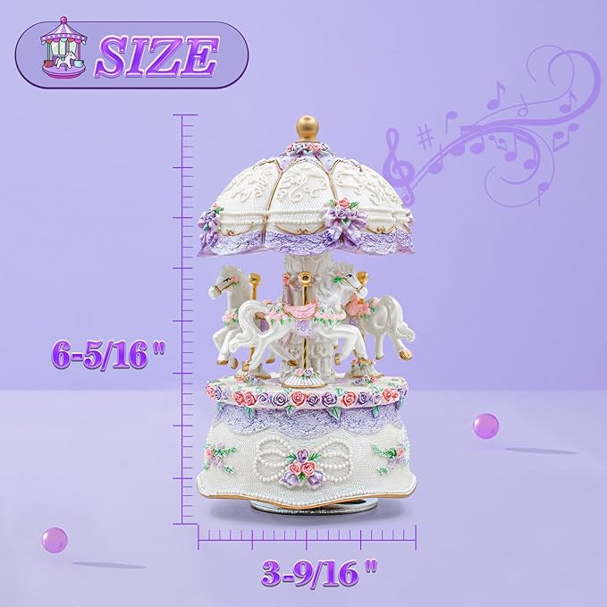 Carousel Music Box，Luxury Color Change LED Light Music Box,Luminous Rotating 3-Horse Musical Box with Gift Box for Girls Birthday Valentine Gift (You are My Sunshine, Purple)