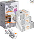Vacuum Bags for Travel with USB and TYPE C Pump,vacuum seal travel bags,15 Pack Carry-on Size Compression Packing Bags for Luggage,Space Saver for Clothes and Clothing Travel(Grey)