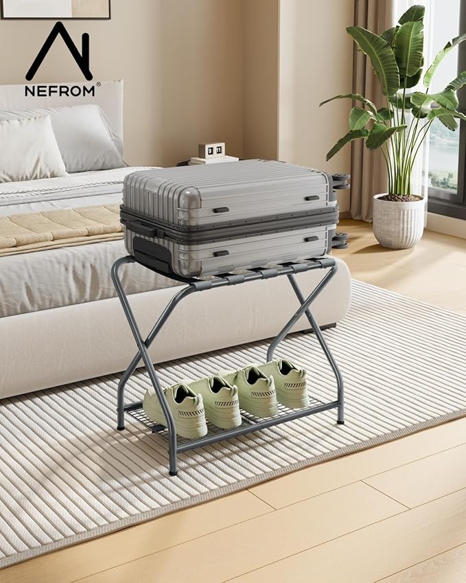 Set of 2 Luggage Rack with Storage Shelf, Foldable Suitcase Stand, Heavy Duty Metal Luggage Holder for Guest Room, Bedroom, Hotel, 150 lbs Top Capacity, 50 lbs Bottom Shelf LR-GY-2