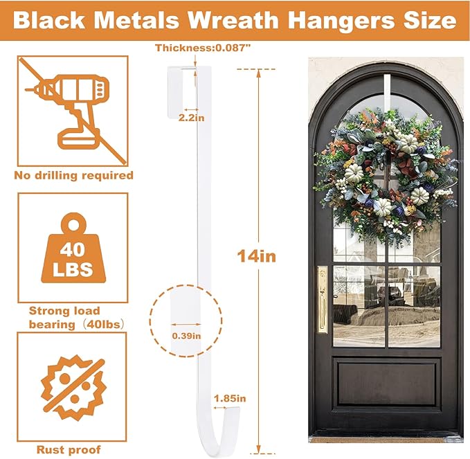 PECULA 4 Pack 14” Wreath Hangers for Front Door, Wreath Door Hanger 40lb Load-Bearing, Metal Wreath Hanger for Welcome Sign, Door Wreath Hanger for Halloween, Easter, Christmas Decorations (White)