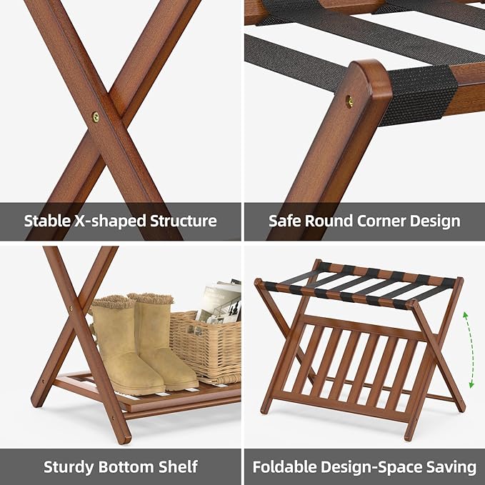 Bamboo Luggage Rack for Guest Room, Wide Suitcase Stand with Storage Shelf, Folding Luggage Stand Holder for Bedroom Hotel, 26.77" Thickened Luggage Rack for Suitcases, Brown