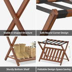 Bamboo Luggage Rack for Guest Room, Wide Suitcase Stand with Storage Shelf, Folding Luggage Stand Holder for Bedroom Hotel, 26.77" Thickened Luggage Rack for Suitcases, Brown