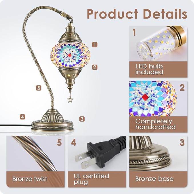 Yarra-Decor Turkish Moroccan Lamp with Bronze Base 3 Color Options Handmade Swan Neck Tiffany Mosaic Glass Bedside Lamps for Bedroom (LED Bulb Included)(1)
