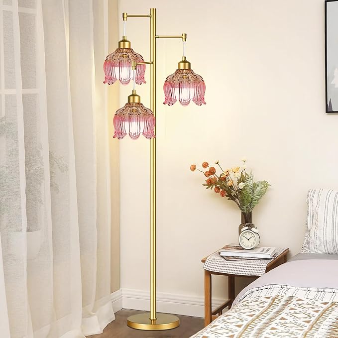 QIYIZM Pink Floor Lamp for Living Room,Bedroom,Gold Mid Century Modern Standing Lamp Brass Tree 3 Light Tall Floor Lamps Vintage Retro Floor Lights Glass Flower Lamp Shade Girls Kids Boho Bohemian