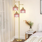 QIYIZM Pink Floor Lamp for Living Room,Bedroom,Gold Mid Century Modern Standing Lamp Brass Tree 3 Light Tall Floor Lamps Vintage Retro Floor Lights Glass Flower Lamp Shade Girls Kids Boho Bohemian