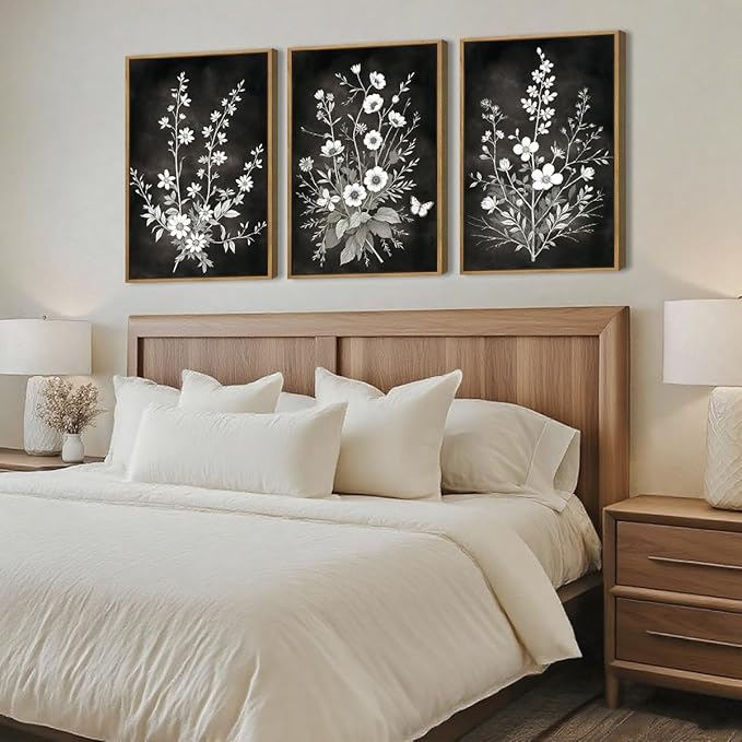 BINCUE Framed Black and White Floral Wall Art Set of 3 Botanical Wall Decor Flowers Paintings Botanical Art Prints White Floral Wall Pictures Black Artwork for Living Room Bedroom Office Farmhouse 16x24 Inches