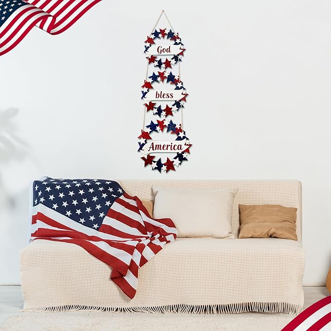 Peryiter 4th/Fourth of July Decoration 27 Inch Patriotic Wreath for Front Door Wooden Red White and Blue Star Sign Memorial Day God Bless America Decor for Porch Wall Outside, Assembly Required