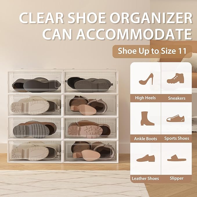8 Pack Clear Boot Boxes Stackable, Boot Storage Boxes for Tall Boots, Shoes Box Plastic Oragnizer with Lids, Shoes Organizer Container for Closet, Under Bed Boot Storage