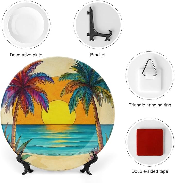 Coconut Trees Theme Decorative Ceramic Plate Round Porcelain Plate,8 inch,Beach Pattern,for Decorative Ornaments Giving Plates,1 Plate with 1 Display Stand,Orange Blue