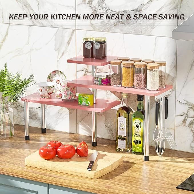 ZHWS Bathroom Counter Organizer Corner Shelf – Bathroom Organization Bamboo 3 Tier Spice Rack Makeup Organizer Bookshelf Space Saving Rack Kitchen Office Living Room (Pink)