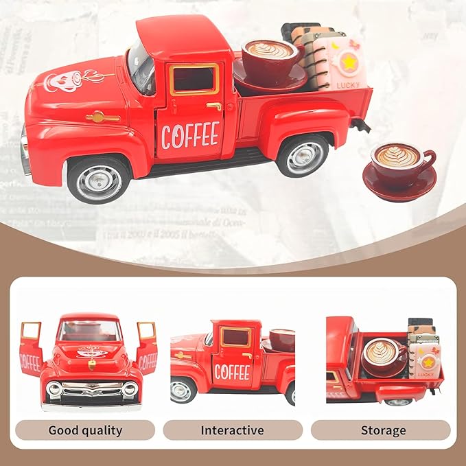 Vintage Mini Metal Pickup Truck with The Coffee Decor and The 4 Books,for Home Farmhouse Kitchen Decor & Coffee Decorations (Coffee-Red)
