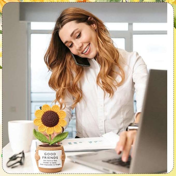 Wavwavw 6 Pcs Friends Gifts for Women, Galentines Graduation Handmade Sunflower Crochet Doll with Positive Card for Female Birthday BFF Bestie Gifts (Friends)