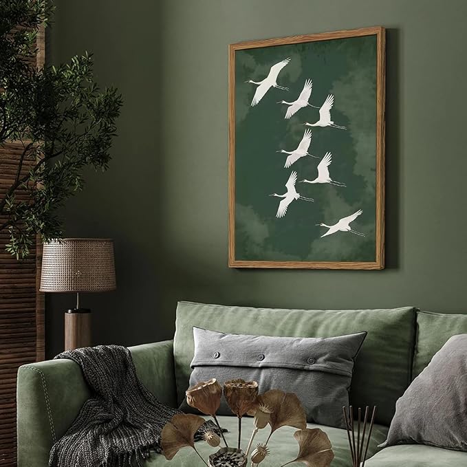 Framed Japanese Flying Cranes Wall Art, Vintage Bird Pictures Wall Decor Paintings, Rustic Nature Animal Canvas Prints Minimalist Home Decor for Living Room Bedroom Office 16x24 inch