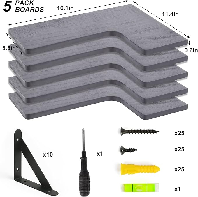 Fixwal Corner Floating Shelves Set of 5, Rustic Wood Wall Mounted Corner Shelf for Bathroom, Kitchen, Bedroom, Home Decor, Laundry Room, Living Room(Gray)
