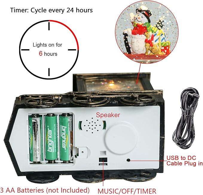 Music Snow Globe Train Lantern with Music and Timer, Battery Operated and USB Cable Snowman Lighted Snow Globe Spinning Water Glitter (Bronze, USB Included)