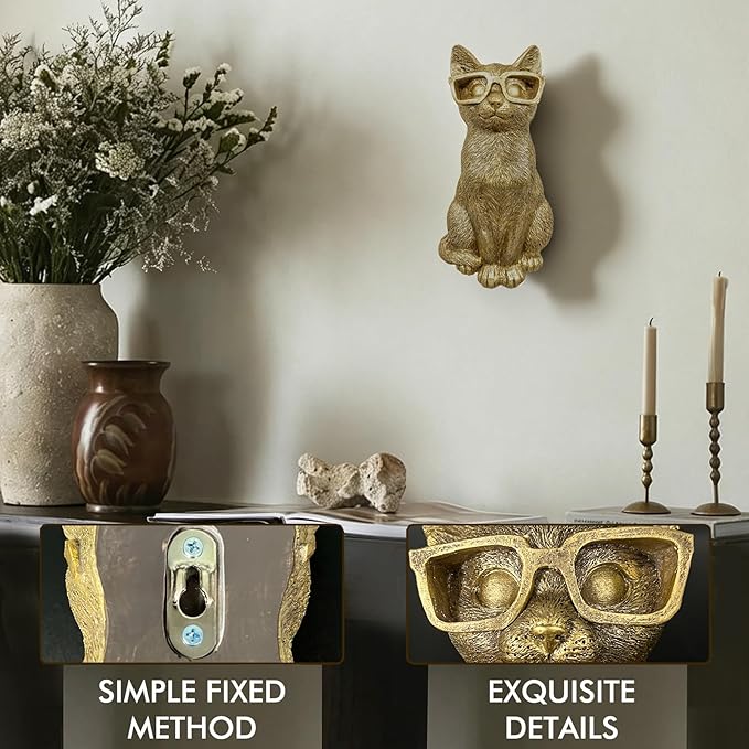 GUSFREUD Gold Animal Heads Sculptures Wall Art - Resin Faux Cat for Home Wall Decor, Cat Wall Hanging Decoration for Living Room, Bedroom & Kitchen, Unique Gift Idea