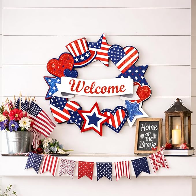 Wooden 4th of July Decorations Patriotic Wreaths for Front Door Independence Day Decorations Star Sign Welcome Memorial Day Hanging for Home Wall Decor Outdoor Indoor Red White and Blue Wreath