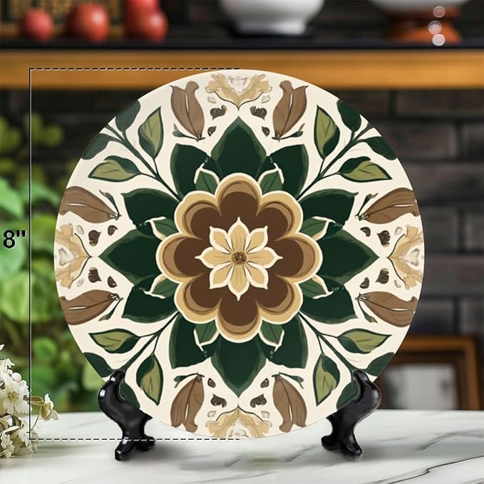Decorative Plates for Display 8" Boho Chic Floral Tile Design Earthy Tones Dark Green Leaves Ceramic Ornament with Display Stand and Hook Up for Wall Decor Hanging Festival Wedding Gift