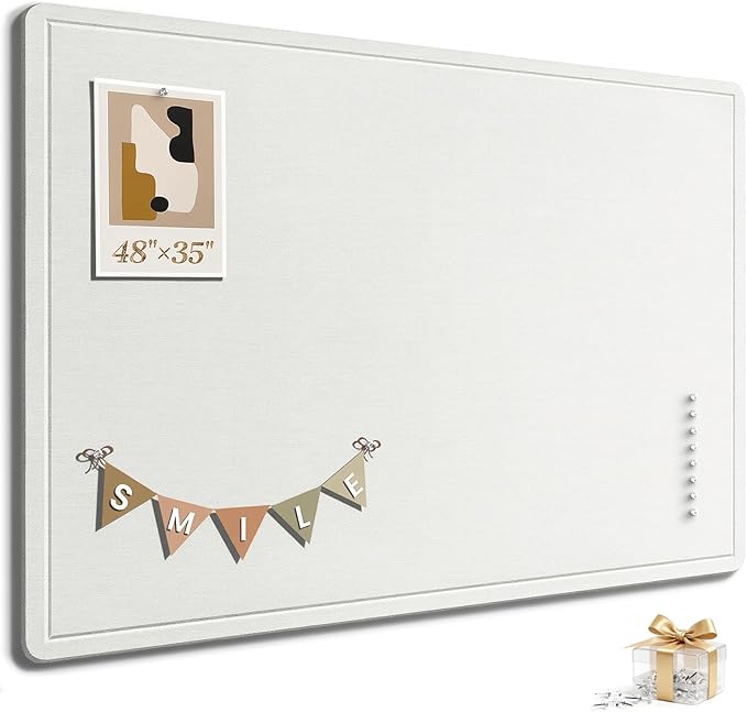 Large Bulletin Board, 48 X 35 Inches Felt Cork Board with 40 Pushpins, Foldable Felt Notice Pin Board Photo Display Board with Self-Adhesive Tape for Office Home School (White, 48x35 inch)