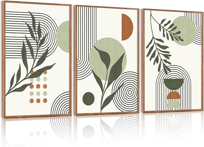 KAlRNE Sage Green Boho Beige Framed Canvas Wall Art Set of 3(24”X36”),Abstract Geometric Line Leaf Wall Decor,Botanical Minimalist Neutral Art Prints For Living Room Bedroom Office