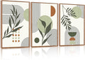 KAlRNE Sage Green Boho Beige Framed Canvas Wall Art Set of 3(24”X36”),Abstract Geometric Line Leaf Wall Decor,Botanical Minimalist Neutral Art Prints For Living Room Bedroom Office