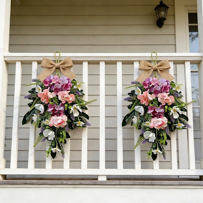 2 Pack 22'' Summer Tropical Swag Wreaths for Cabinets Artificial Hibiscus Flowers Teardrop Wreath with Palm Leaf and Fern Fronds Floral Wreath Hanger for Farmhouse Front Door Porch Window Wall Hanging