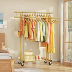 Double Rods Clothes Rack, Sturdy Rolling Clothing Rack, Portable Clothing Racks for Hanging Clothes - Metal Garment Rack Wardrobe Coat Rack for Bedroom Laundry Living Room, Gold