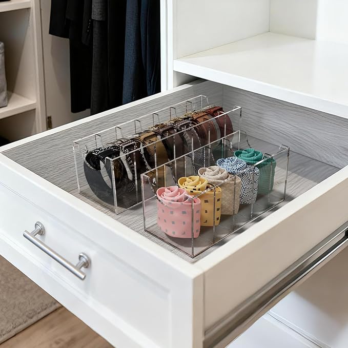 FEMELI Belt Organizer, Acrylic 5 Compartments Container Storage Holder, Clear Display Case for Closet Tie and Bow Tie