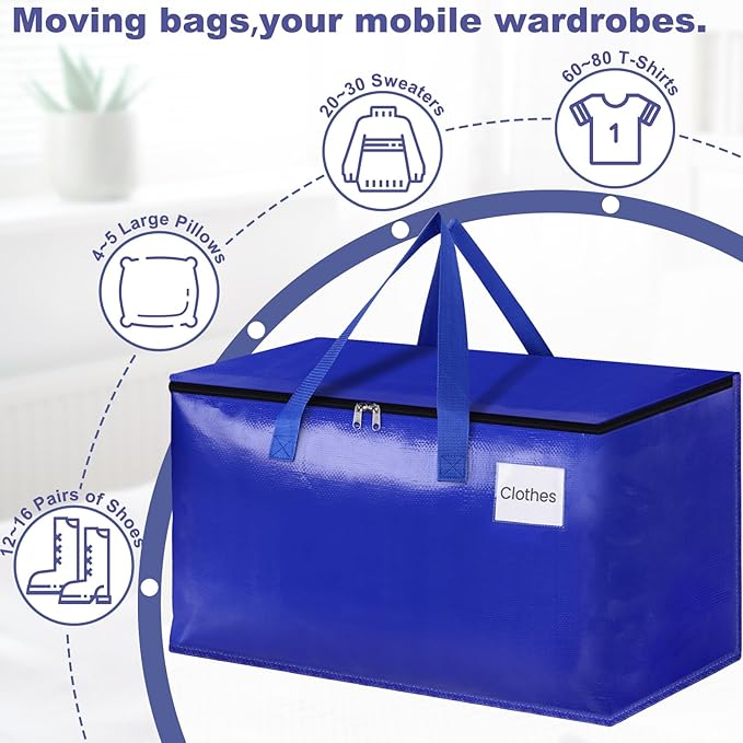 StorageRight Heavy Duty Moving Boxes-Moving Bags with Zipper, Reinforced Handles and Tag Pocket-Collapsible Moving Supplies-Totes for Storage Great for moving, Storage and Travel 93L(Blue-10 Pack)
